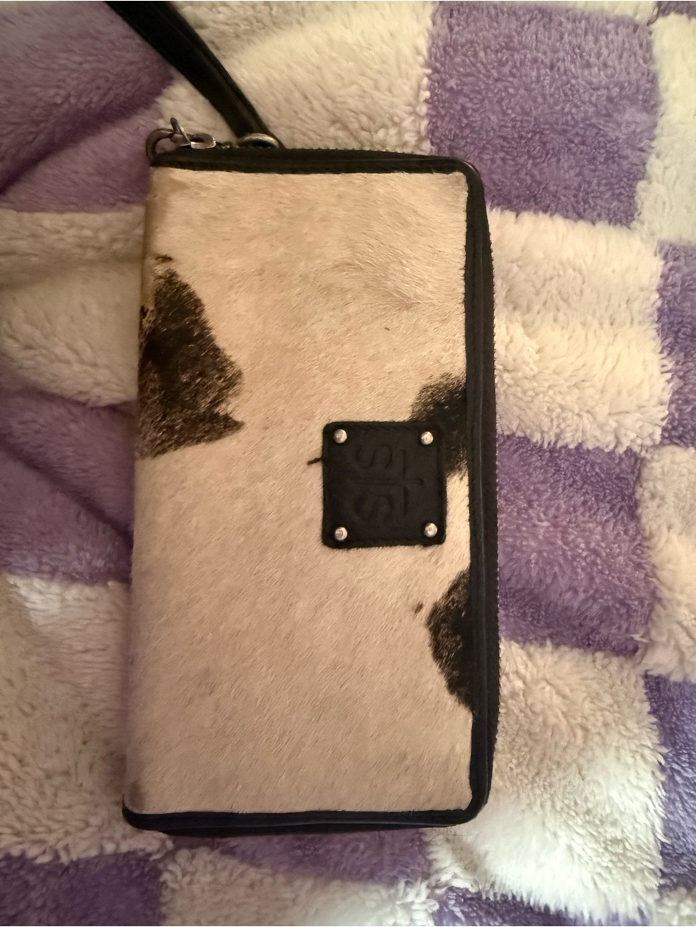 STS Ranchwear Beige and Brown Hair-On Cowhide Phone Wristlet with Black Trim